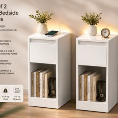 Set of 2 LED Bedside Tables with USB Charging Ports  White