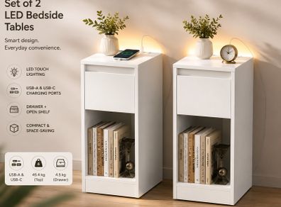 Set of 2 LED Bedside Tables with USB Charging Ports  White