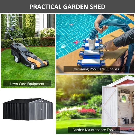MASSIVE SALE 13x11FT Garden Roofed Metal Storage Shed Tool Box with Foundation Ventilation & Doors, Grey