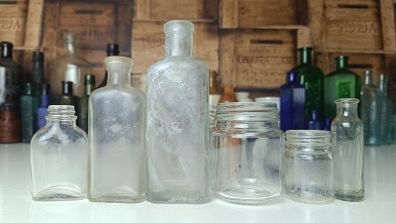 472 - Set of 6 Vintage Clear Glass Cork Screw Top Collectible Decorative Bottles