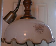 Vintage Large Opaline Glass Pull Down Pendant Light with Wood Handle