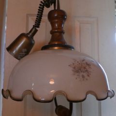Vintage Large Opaline Glass Pull Down Pendant Light with Wood Handle
