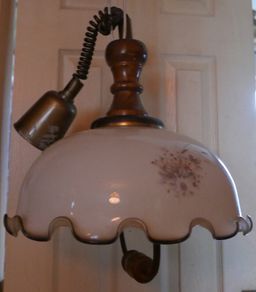 Vintage Large Opaline Glass Pull Down Pendant Light with Wood Handle