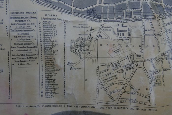 Antique DUBLIN. Map of Dublin & Suburbs with 22 vignettes of Dublin landmarks. Published by Edward Heffernan, 1st June, 1868, 12 Charleville Road, Rathmines. 28" x 22,5". Linen backed. Frayed at edges