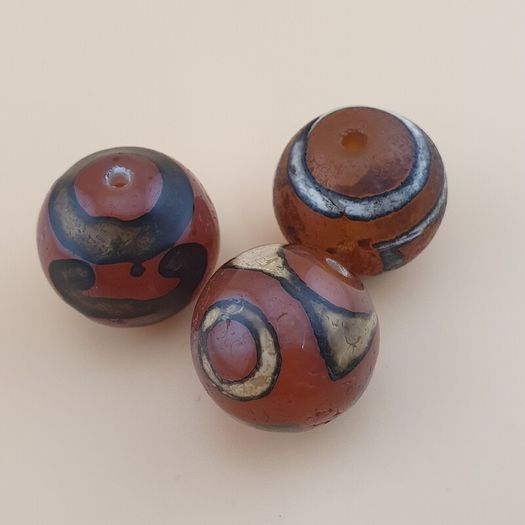 Vintage Etched Carnelian Agate Beads Tribal Gemstone Lot of 3