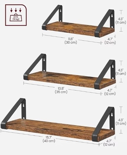 Set of 3, Shelf, 2 Mounting Options, Display Shelf, for Living Room, Kitchen, Study, Bathroom, Rustic Brown and Black