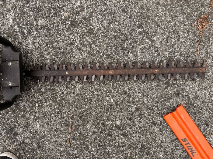 STIHL HS 45 petrol hedge trimmer with 24-inch double-sided cutting blade.