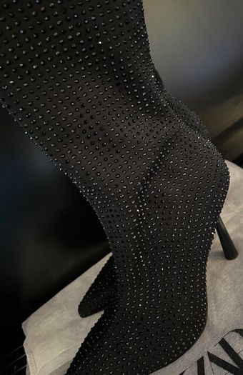 High-heel Dressy Ankle Boots With Sparkly Rhinestones Sequins Jet Black. In Excellent Condition Size Eu 39 Uk 6.   With original protective bag.