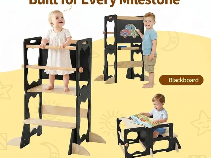 4-in-1 Toddler Standing Tower, Convertible Kids Kitchen Step Stool with Anti-Drop Safety Rail, Multi-Use Learning Helper Tower for Kitchen Counter, with Blackboard (Black & Natural)