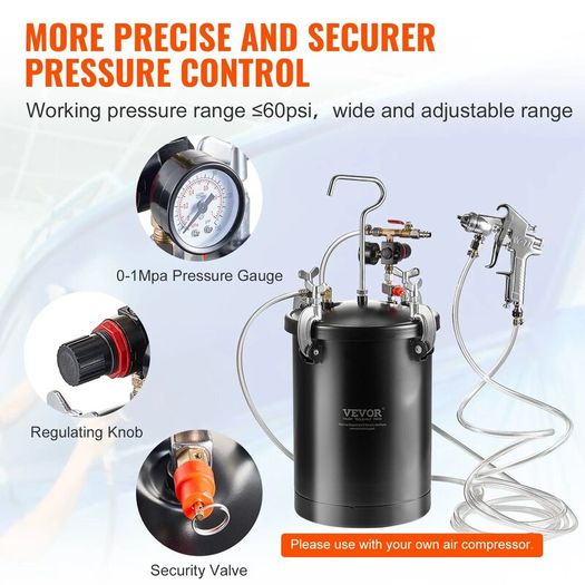 Spray Paint Pressure Pot 15L/3.75gal Pressure Pot Tank, 60 psi Adjustale Pressure, Steel Pressure Pot Paint Tank with Spray Gun, Hoses, Pressure Gauge, for Home Decor and Industry Painting