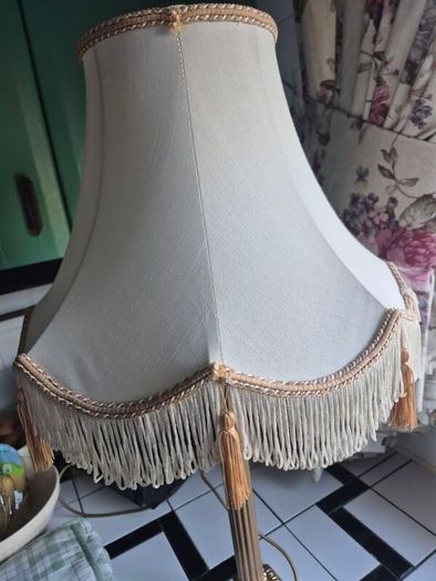 Tall lamp Vintage Gold metal Neoclassical  column lamp with silk called fringed tassled shade
