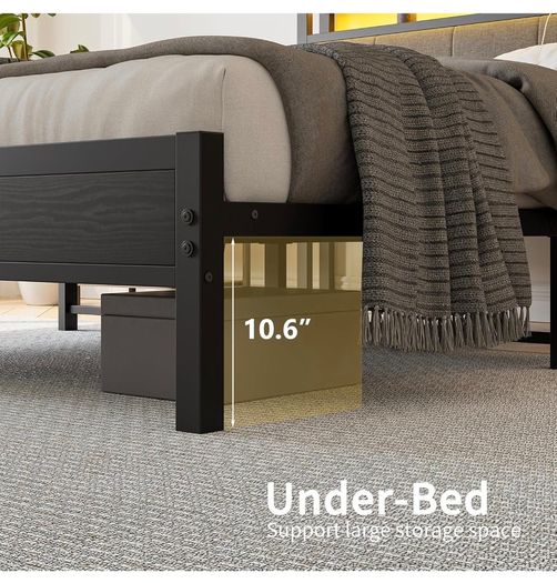 5FT King Size Bed Frame with Storage Headboard, Black Metal King Bed with Upholstered Headboard, LED Lights and Charging Station, Heavy Duty Metal Slats Support,Easy Assembly