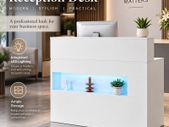 White Reception Desk with LED Light, Storage & Power Outlets