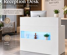 White Reception Desk with LED Light, Storage & Power Outlets