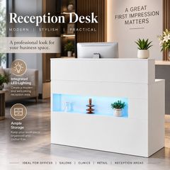 White Reception Desk with LED Light, Storage & Power Outlets
