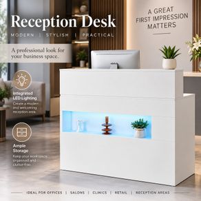 White Reception Desk with LED Light, Storage & Power Outlets