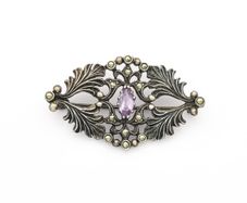 Marcasite & Amethyst Sterling Silver Brooch