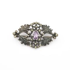 Marcasite & Amethyst Sterling Silver Brooch