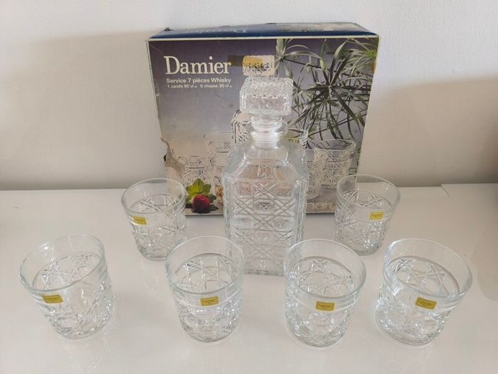 Vintage Luminarc Damier 7 Piece Whisky Decanter Set  Made in France Boxed