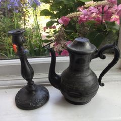 Vintage tea pot and antique candle stick
