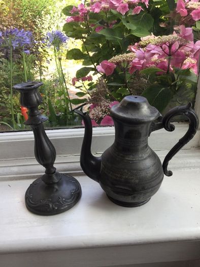Vintage tea pot and antique candle stick