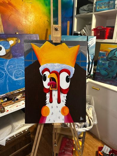 Crazy King Chicken Original Acrylic Painting
