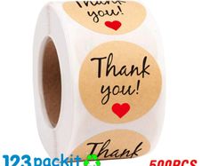 Lot of 500 round stickers with Thank You and Red Hearth Kraft Paper roll of 500 stickers 1 inch