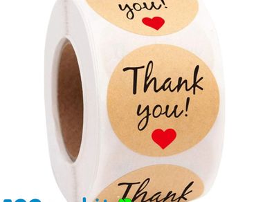 Lot of 500 round stickers with Thank You and Red Hearth Kraft Paper roll of 500 stickers 1 inch