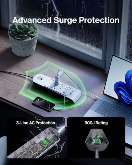 Extension Lead with USB Slots x 2 (2.4 A Shared), 8 Way/8 Plug Extension, 2m Surge Protected Power Strip - White