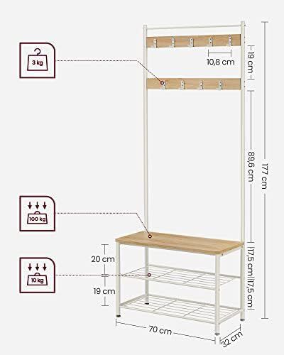 Vintage Coat Rack Stand with Seat 3 Shelves Gold Oak