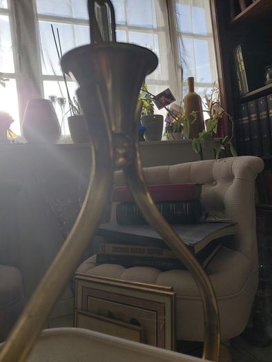 Antique French brass ceiling light with glass shade