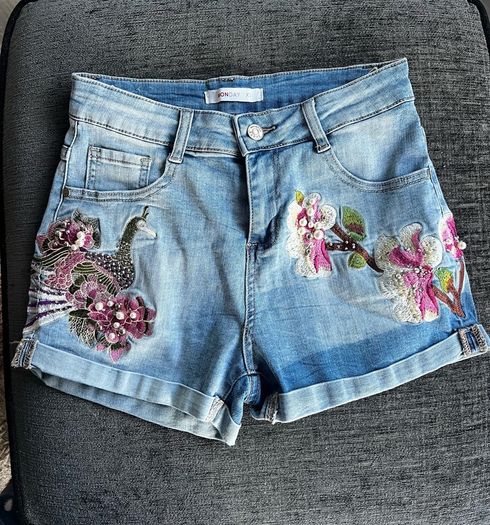 Monday Denim Shorts XS Embroidered Floral & Bird Design