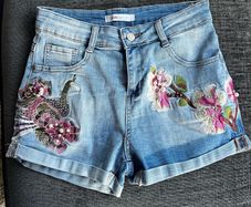 Monday Denim Shorts XS Embroidered Floral & Bird Design