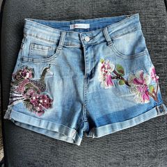 Monday Denim Shorts XS Embroidered Floral & Bird Design