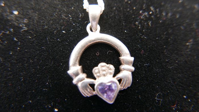 Vintage Amethyst Claddagh Irish Symbol, 925 Sterling Silver Heart Crown and Hands; 925 Irish Symbol Pendant Necklace with Amethyst 18"
