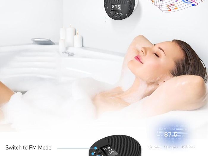 Shower Radio Speaker with Bluetooth 5.0, AGPTEK Waterproof Wireless Bathroom FM with Suction Cup 12H Long Playback Time, Lanyard, LCD Screen Display, Handsfree Calling, Storage Card Playback Black
