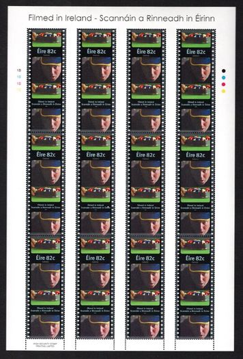 2008 Ireland Filmed in Ireland Commemorative Stamp Sheetlet Plate 1B1B1B1B Mint Never Hinged (MNH). Stamps depict 55c Brid Ni Neachtain, Colm Meaney, 82c Pat Shortt & Cilian Murphy.