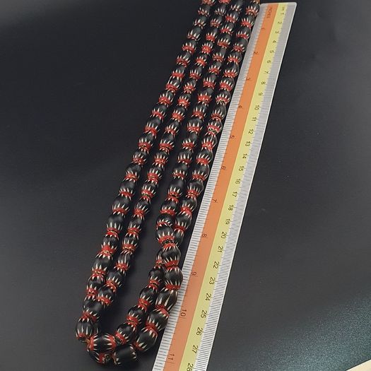 Antique Venetian Style Black Chevron Glass Beads Necklace Strand