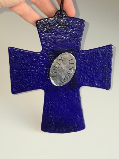 Blue Glass Cross with Silver Medallion