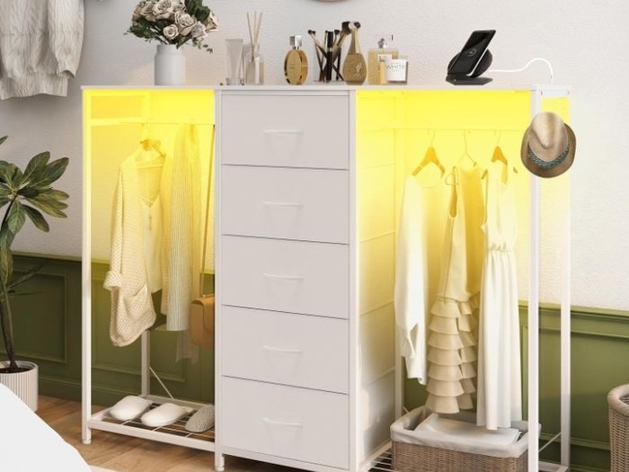 5 Drawer Dresser with Clothes Rack Chest of Drawers with Clothes Rail LED Lights Wardrobe Closet Drawers Charging Station Flexible Shelf Open Shelves for Bedroom Living Room