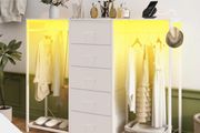 5 Drawer Dresser with Clothes Rack Chest of Drawers with Clothes Rail LED Lights Wardrobe Closet Drawers Charging Station Flexible Shelf Open Shelves for Bedroom Living Room