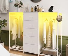 5 Drawer Dresser with Clothes Rack Chest of Drawers with Clothes Rail LED Lights Wardrobe Closet Drawers Charging Station Flexible Shelf Open Shelves for Bedroom Living Room