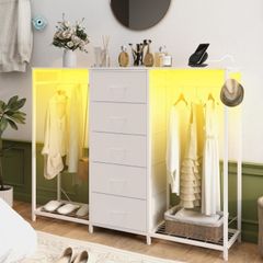 5 Drawer Dresser with Clothes Rack Chest of Drawers with Clothes Rail LED Lights Wardrobe Closet Drawers Charging Station Flexible Shelf Open Shelves for Bedroom Living Room