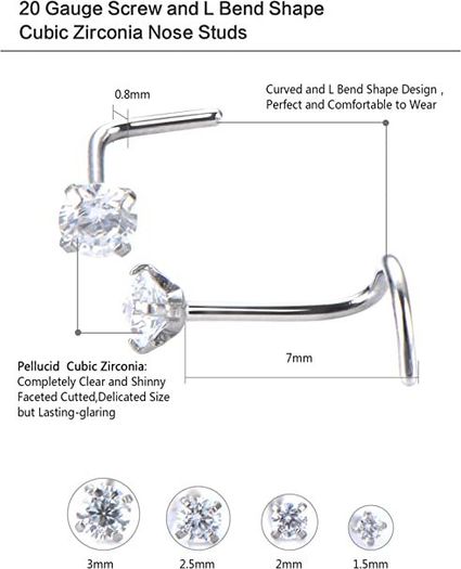 20 Gauge Curved Nose Studs Stainless Steel Nose Rings Cubic Zirconia Piercing Body Jewelry, Screw and L Bend Shape, 8 Pieces