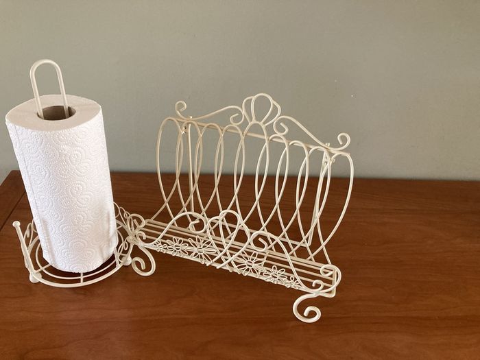cook book and kitchen roll holder.