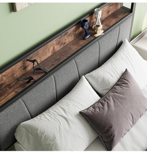 Double Bed Frames with Storage Headboard,Heavy Duty Metal Upholstered Platform Bed Frame