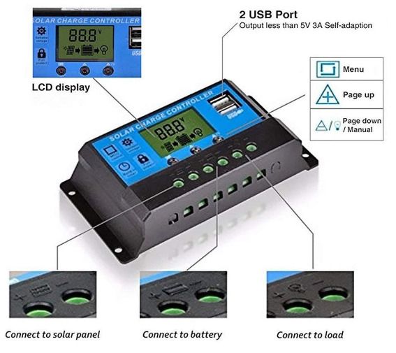 10A, 20A, 30A 12V/24V Solar Charge Controller Solar Panel Controller Intelligent Regulator with Dual USB Port 5V Light Timer Control LCD Display