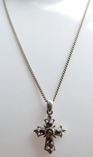 Vintage Silver Plated Cross With Multi-Color Stones Necklace length 20"