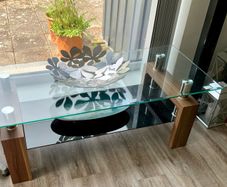 Walnut and Glass Coffee Table with Chrome Posts