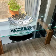Walnut and Glass Coffee Table with Chrome Posts